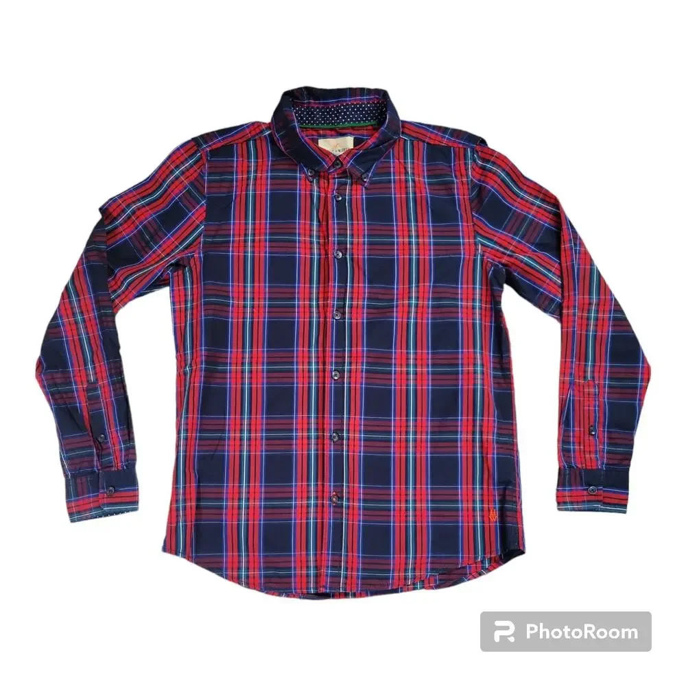 Holly Whyte Lindex Boys LG Tartan Plaid Navy Red Holiday Christmas Shirt EUC